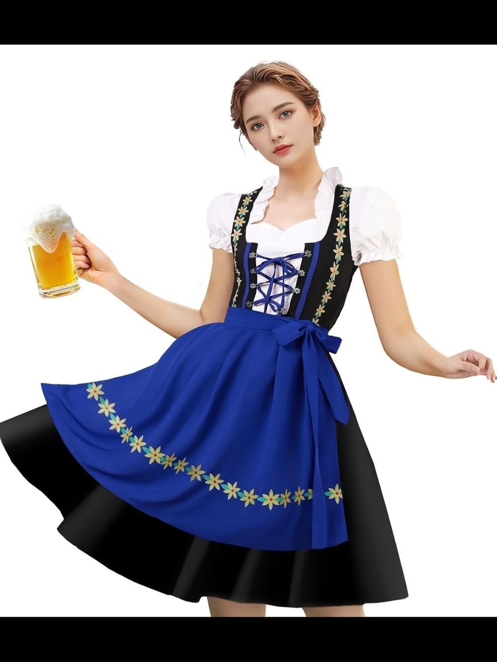 Black and White Floral Trim Dirndl-Style Dress